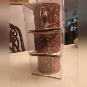 Holiday Burgundy, gold designed Wired Ribbon, set of 3 rolls.